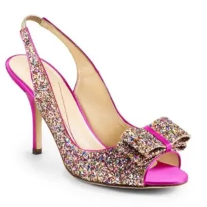 Kate Spade Glitter charm bow fuschia pink satin slingback heels