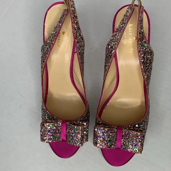 Kate Spade Glitter charm bow fuschia pink satin slingback heels