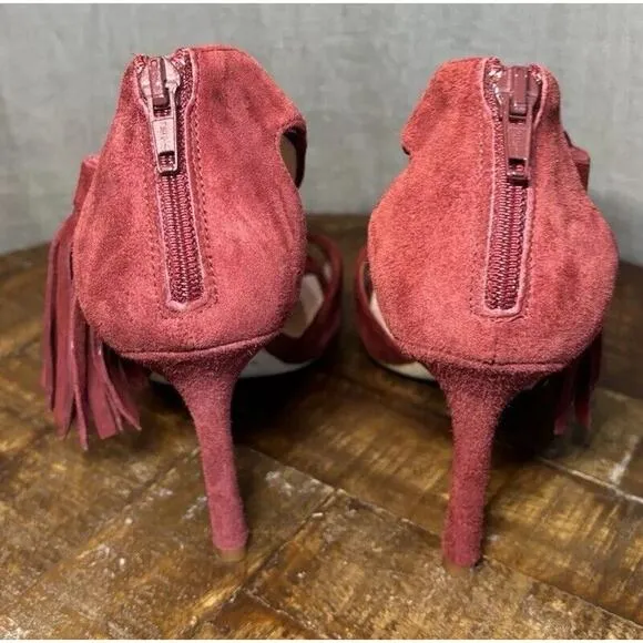 Kate Spade Inga Heels W/Tassel Size 6.5 Suede T-Strap Open Toe Stiletto Red Wine