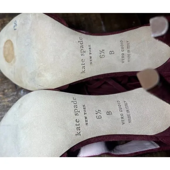 Kate Spade Inga Heels W/Tassel Size 6.5 Suede T-Strap Open Toe Stiletto Red Wine