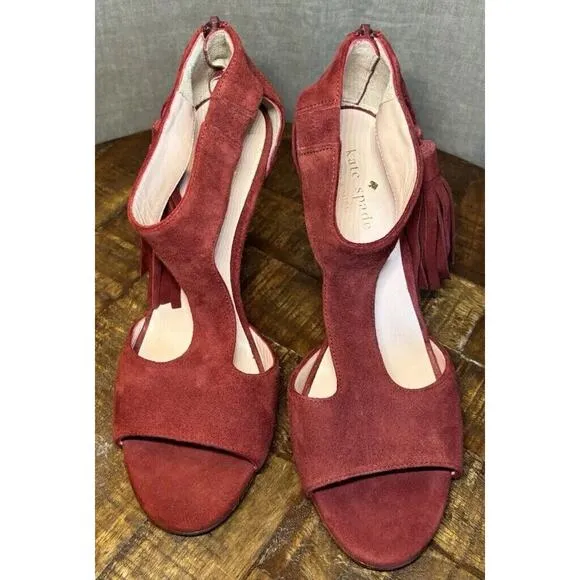 Kate Spade Inga Heels W/Tassel Size 6.5 Suede T-Strap Open Toe Stiletto Red Wine