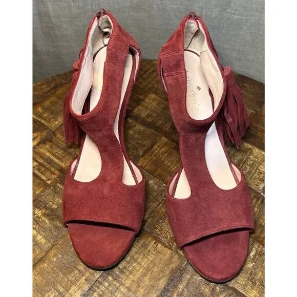 Kate Spade Inga Heels W/Tassel Size 6.5 Suede T-Strap Open Toe Stiletto Red Wine