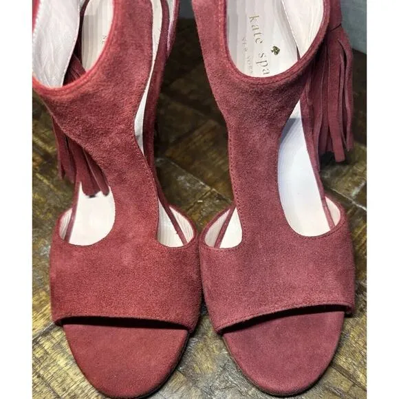 Kate Spade Inga Heels W/Tassel Size 6.5 Suede T-Strap Open Toe Stiletto Red Wine
