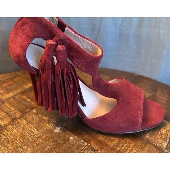 Kate Spade Inga Heels W/Tassel Size 6.5 Suede T-Strap Open Toe Stiletto Red Wine