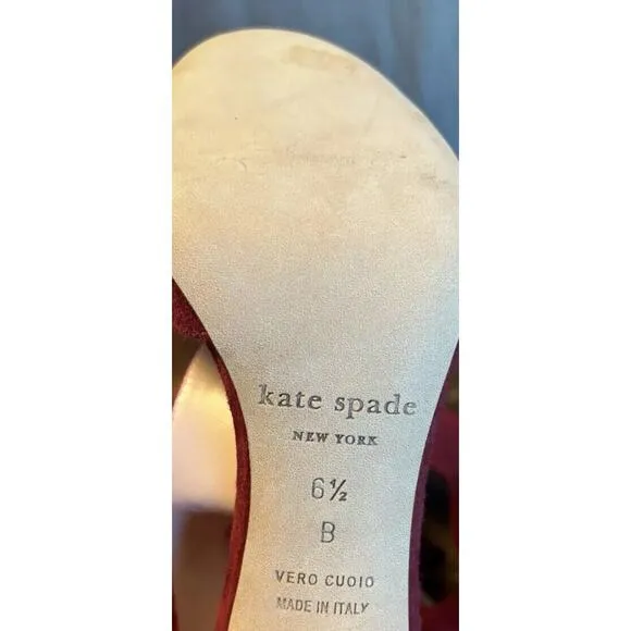 Kate Spade Inga Heels W/Tassel Size 6.5 Suede T-Strap Open Toe Stiletto Red Wine