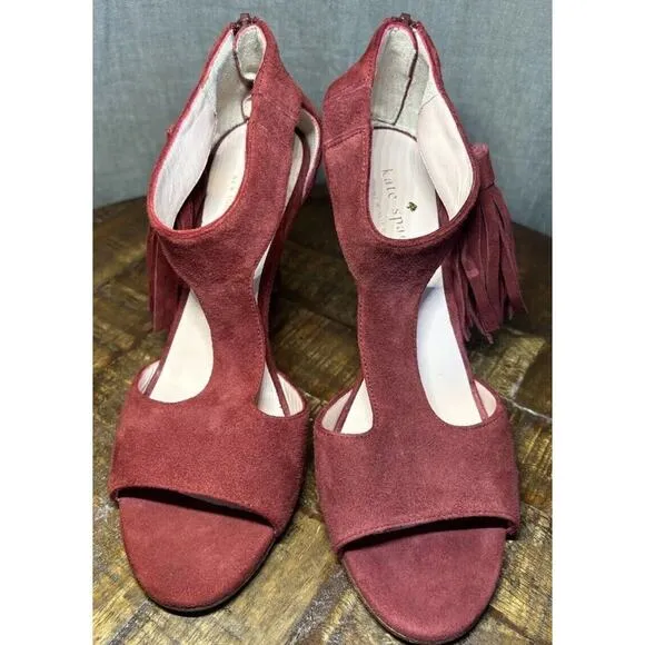 Kate Spade Inga Heels W/Tassel Size 6.5 Suede T-Strap Open Toe Stiletto Red Wine