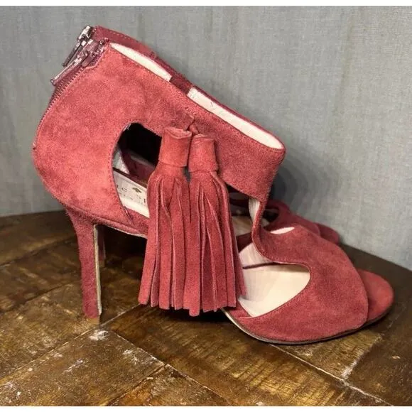 Kate Spade Inga Heels W/Tassel Size 6.5 Suede T-Strap Open Toe Stiletto Red Wine