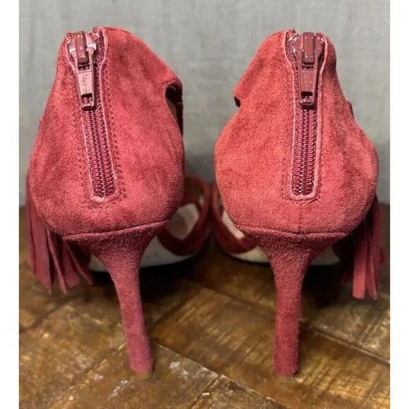 Kate Spade Inga Heels W/Tassel Size 6.5 Suede T-Strap Open Toe Stiletto Red Wine