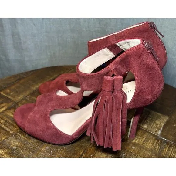 Kate Spade Inga Heels W/Tassel Size 6.5 Suede T-Strap Open Toe Stiletto Red Wine