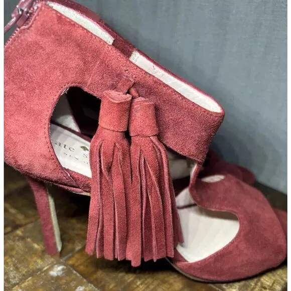 Kate Spade Inga Heels W/Tassel Size 6.5 Suede T-Strap Open Toe Stiletto Red Wine
