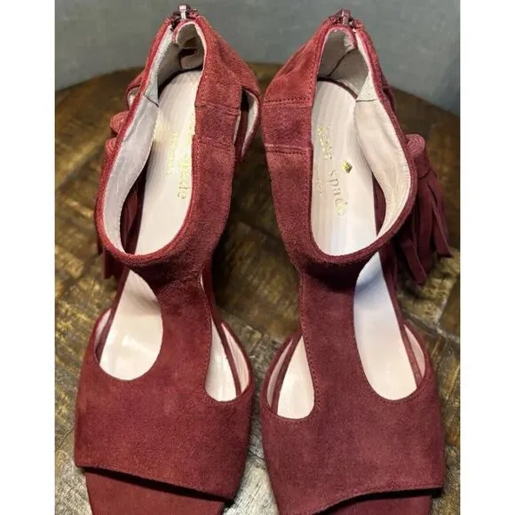 Kate Spade Inga Heels W/Tassel Size 6.5 Suede T-Strap Open Toe Stiletto Red Wine