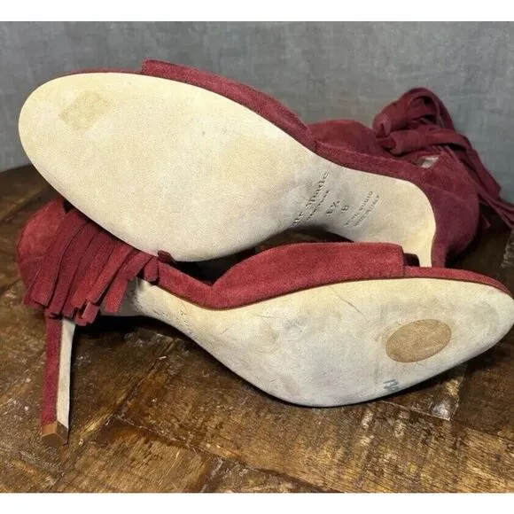 Kate Spade Inga Heels W/Tassel Size 6.5 Suede T-Strap Open Toe Stiletto Red Wine