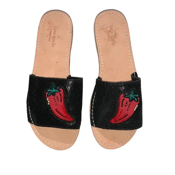 Kate Spade - Ixtapa Chili Pepper Slides, black w/embroidered chili peppers, 7.5