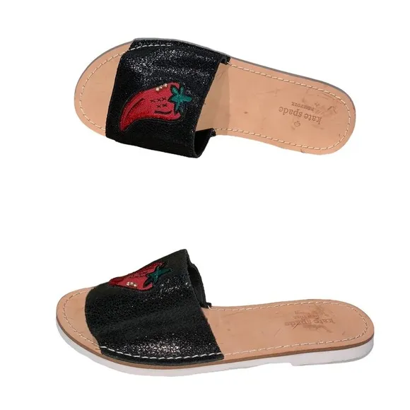 Kate Spade - Ixtapa Chili Pepper Slides, black w/embroidered chili peppers, 7.5