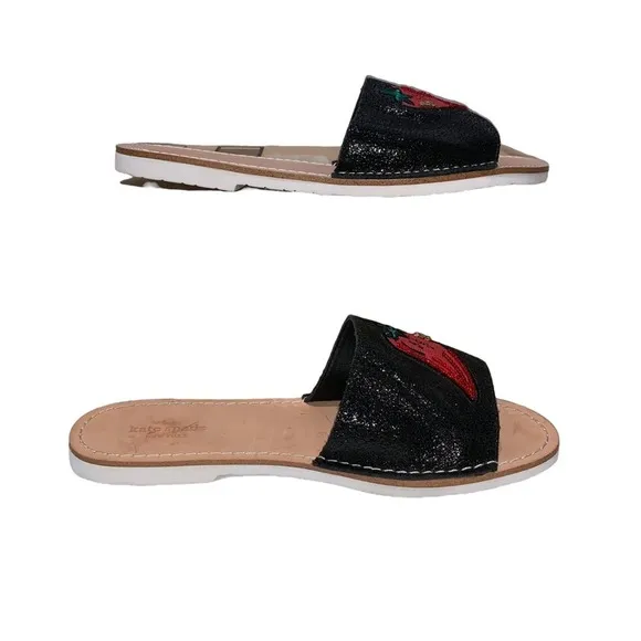 Kate Spade - Ixtapa Chili Pepper Slides, black w/embroidered chili peppers, 7.5