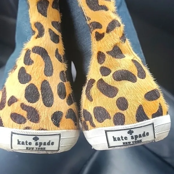 𝅺KATE SPADE Linus Denim &amp; Animal Print Calf Hair High Top Sneakers 11.