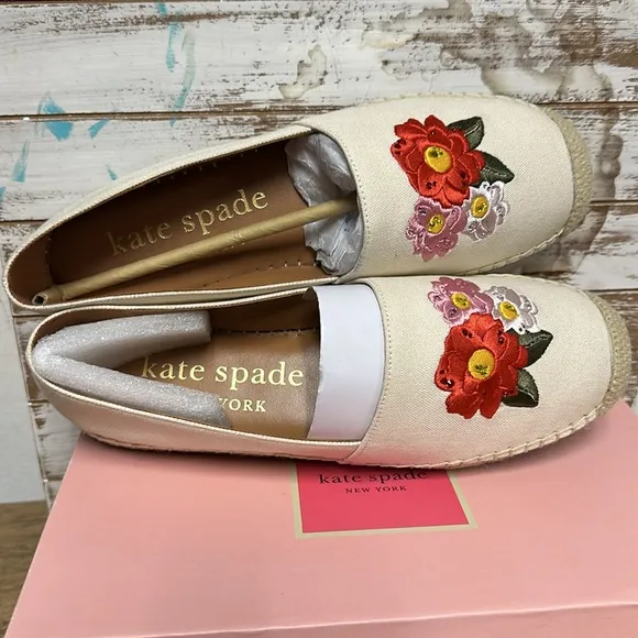 Kate spade nib espadrille dahlia mixed material cream canvas rhinestone flats