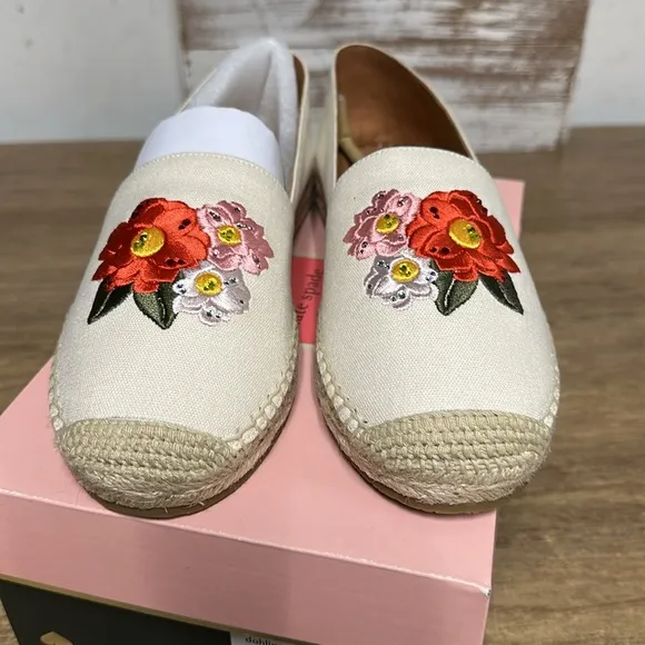 Kate spade nib espadrille dahlia mixed material cream canvas rhinestone flats
