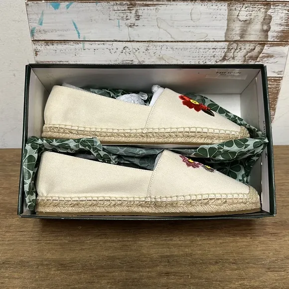 Kate spade nib espadrille dahlia mixed material cream canvas rhinestone flats