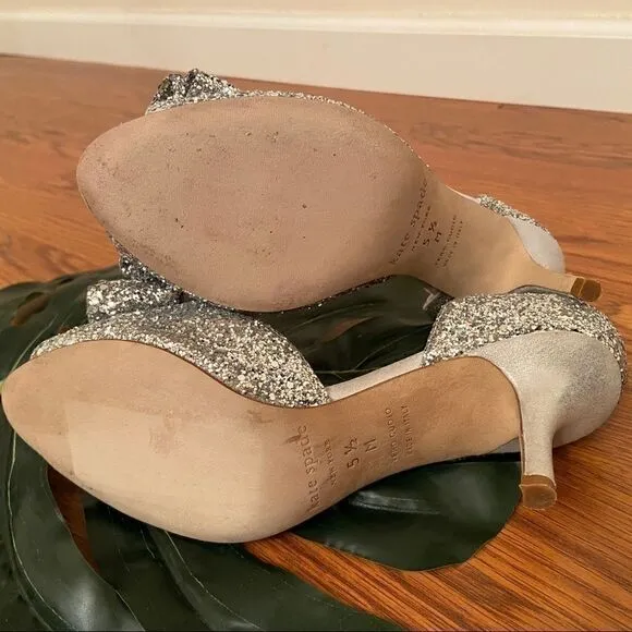 Kate Spade Sela Silver Glitter Bow Peep Toe Pumps