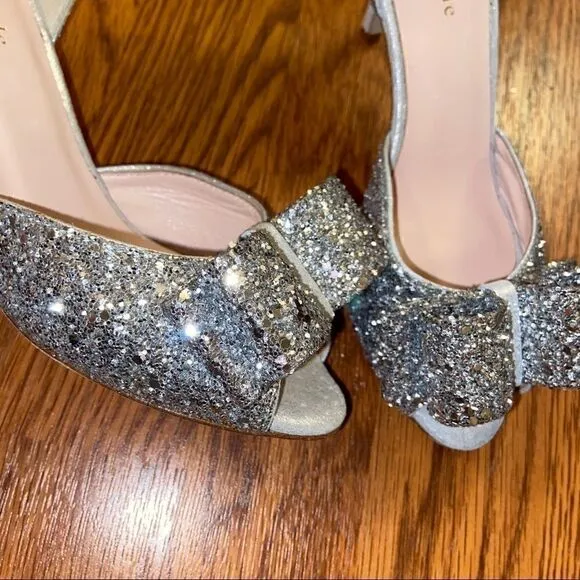 Kate Spade Sela Silver Glitter Bow Peep Toe Pumps