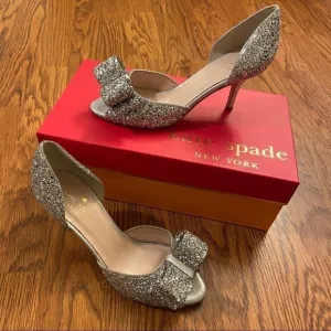 Kate Spade Sela Silver Glitter Bow Peep Toe Pumps