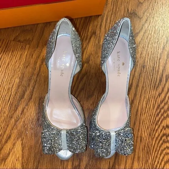 Kate Spade Sela Silver Glitter Bow Peep Toe Pumps