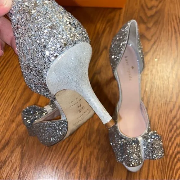 Kate Spade Sela Silver Glitter Bow Peep Toe Pumps