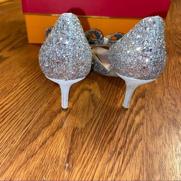 Kate Spade Sela Silver Glitter Bow Peep Toe Pumps