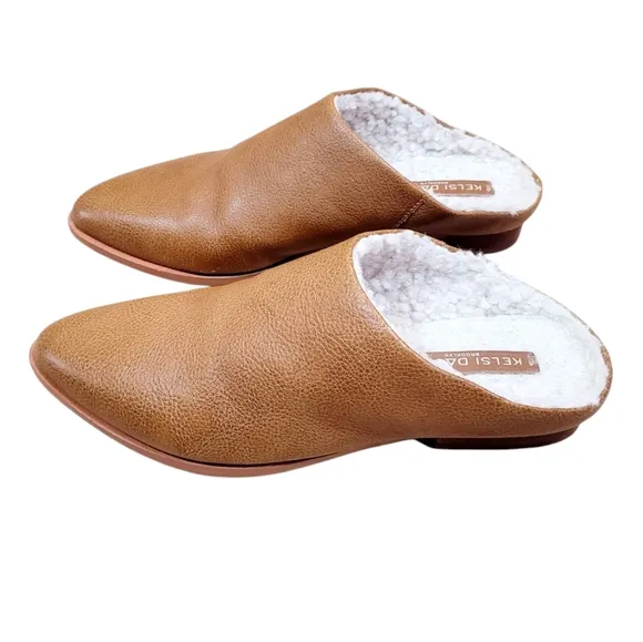 KELSI DAGGER Brooklyn Sail Faux Shearling Lined Mules Clogs In Saddle Brown 8.5