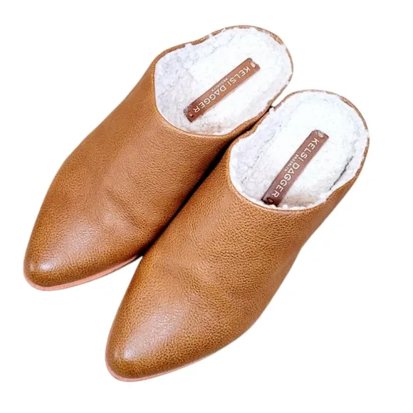 KELSI DAGGER Brooklyn Sail Faux Shearling Lined Mules Clogs In Saddle Brown 8.5