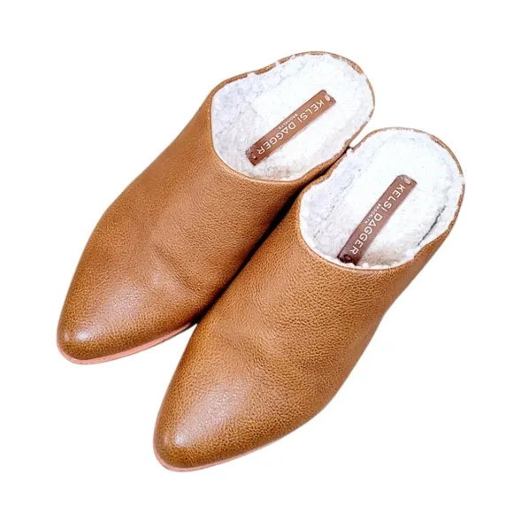 KELSI DAGGER Brooklyn Sail Faux Shearling Lined Mules Clogs In Saddle Brown 8.5