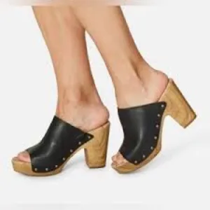 Kork Ease Danika Clogs Studded Mule Sandal Peep Open Toe Leather Black Size 10M