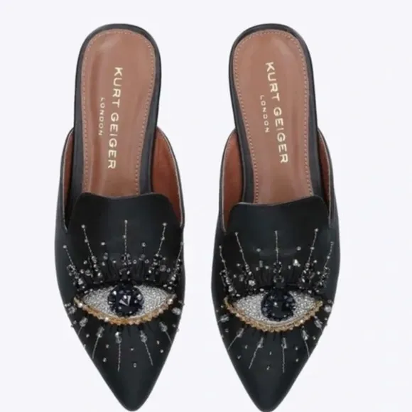 KURT GEIGER LONDON Evil EYE Gem Embellished Leather Mules Slides 37  7 RARE