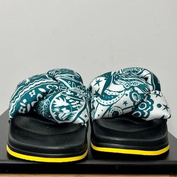 LA DOUBLEJ. Treccia Knotted Slides, Blue Ionic Twill Paisley, Size 8/ EU 40