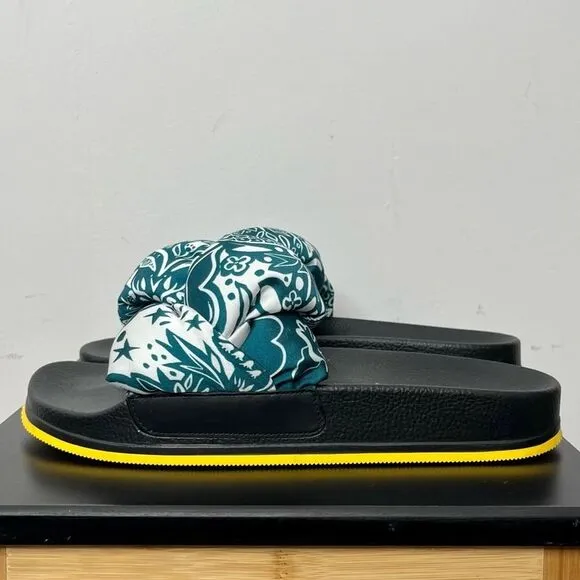 LA DOUBLEJ. Treccia Knotted Slides, Blue Ionic Twill Paisley, Size 8/ EU 40
