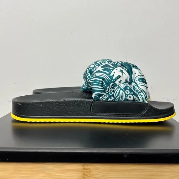 LA DOUBLEJ. Treccia Knotted Slides, Blue Ionic Twill Paisley, Size 8/ EU 40