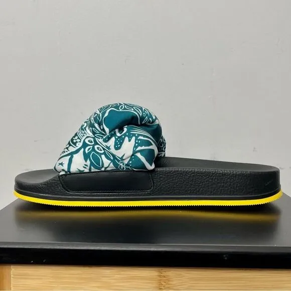 LA DOUBLEJ. Treccia Knotted Slides, Blue Ionic Twill Paisley, Size 8/ EU 40