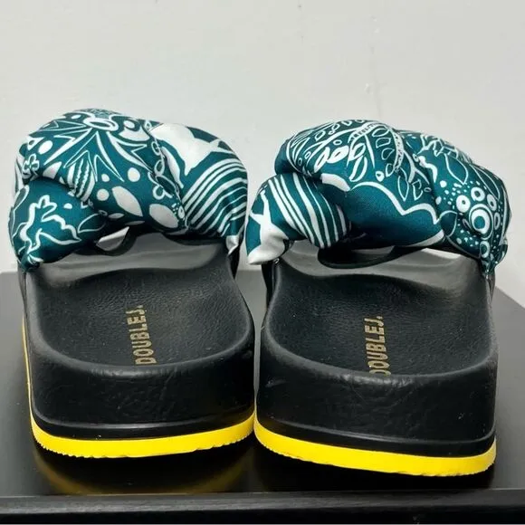 LA DOUBLEJ. Treccia Knotted Slides, Blue Ionic Twill Paisley, Size 8/ EU 40