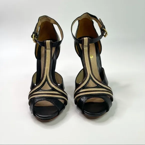 L.A.M.B. Black and Tan Peep Toe Leather High Heels