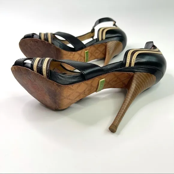 L.A.M.B. Black and Tan Peep Toe Leather High Heels