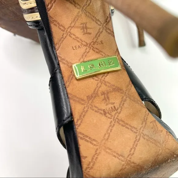 L.A.M.B. Black and Tan Peep Toe Leather High Heels