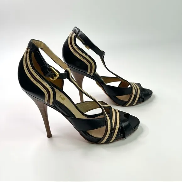 L.A.M.B. Black and Tan Peep Toe Leather High Heels
