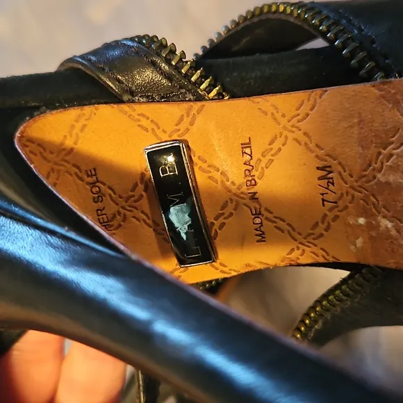 L.A.M.B. Black Leather Zipper Slingback Open Toe Heels