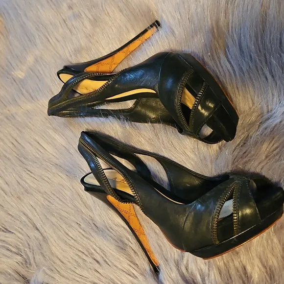 L.A.M.B. Black Leather Zipper Slingback Open Toe Heels