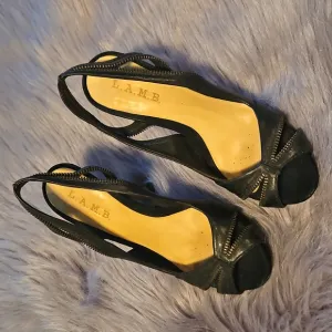 L.A.M.B. Black Leather Zipper Slingback Open Toe Heels