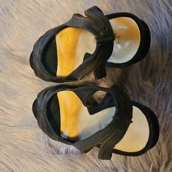 L.A.M.B. Black Leather Zipper Slingback Open Toe Heels