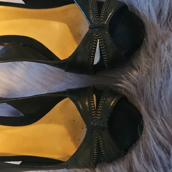 L.A.M.B. Black Leather Zipper Slingback Open Toe Heels