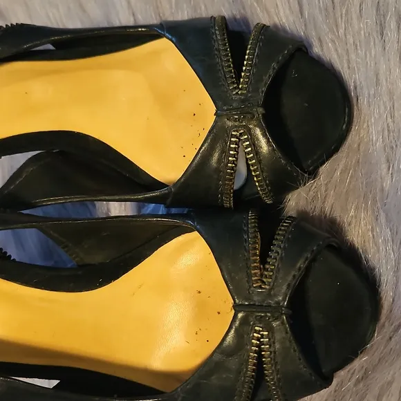L.A.M.B. Black Leather Zipper Slingback Open Toe Heels