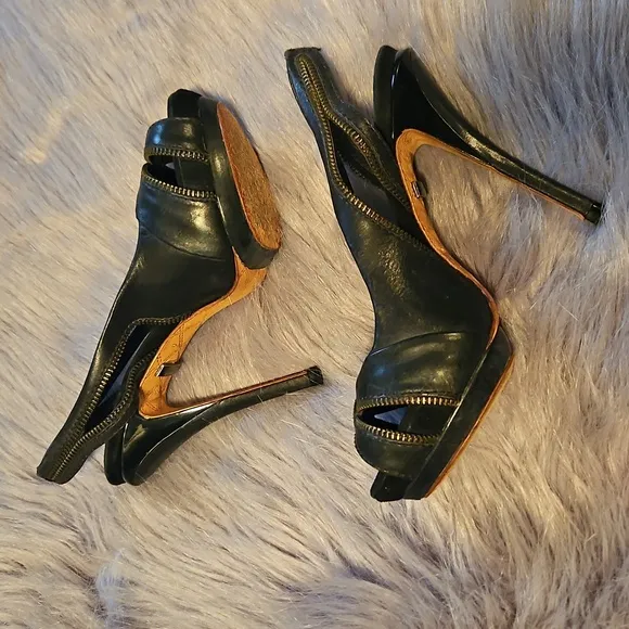 L.A.M.B. Black Leather Zipper Slingback Open Toe Heels